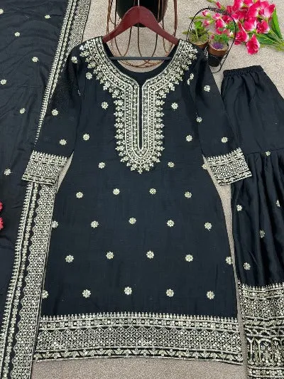 Black Heavy Chinon Silk Embroidered Sharara Suit Set