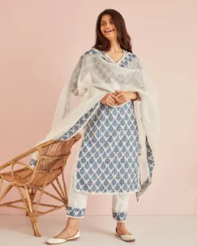 Blue & White Printed Cotton Salwar Suit Set