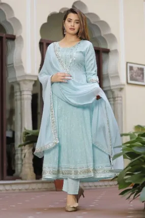 Blue Cotton Embroidered Salwar Suit Set