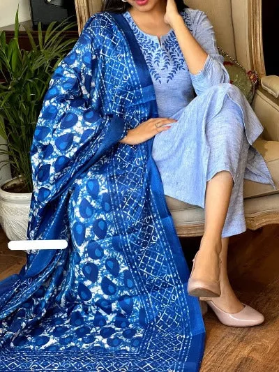 Blue Cotton Embroidery Salwar Kameez Dupatta Suit