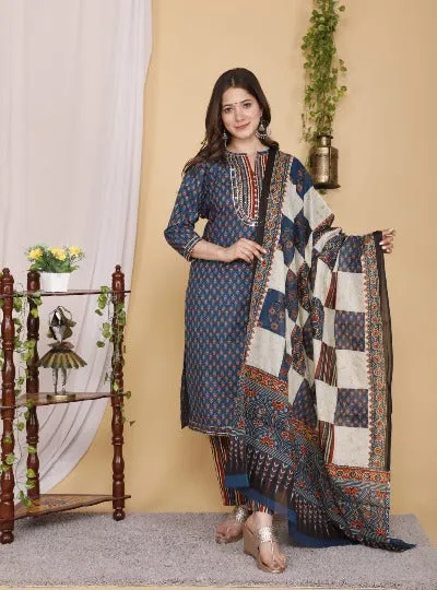 Blue Cotton Hand Block Print Salwar Suit Set