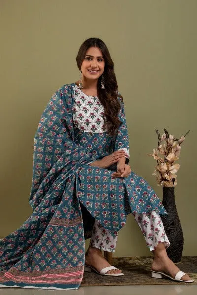 Blue Floral Print Cotton Salwar Suit Set