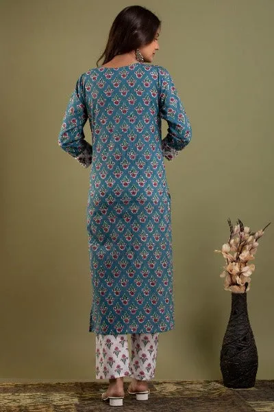 Blue Floral Print Cotton Salwar Suit Set