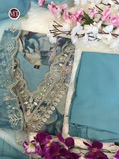 Blue Organza Hand Embroidered Salwar Suit Set