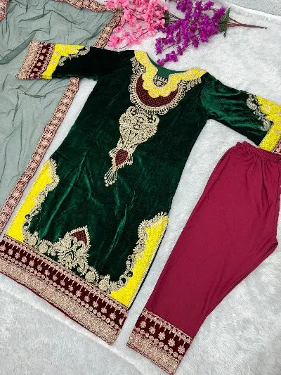 Bottle Green Designer Velvet  Salwar Suit Set