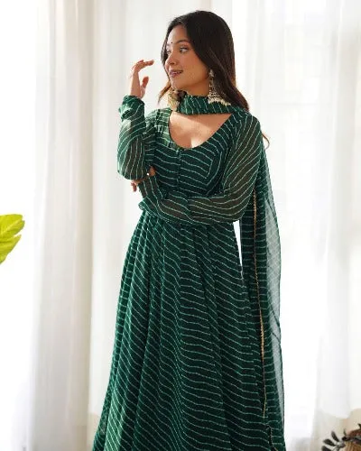 Bottle Green Leheriya Print Faux  Georgette Anarkali Suit Set