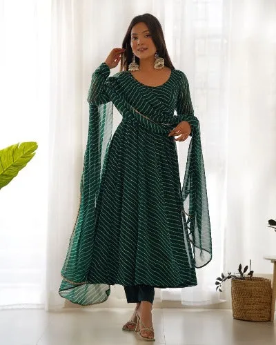 Bottle Green Leheriya Print Faux  Georgette Anarkali Suit Set