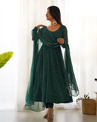 Bottle Green Leheriya Print Faux  Georgette Anarkali Suit Set