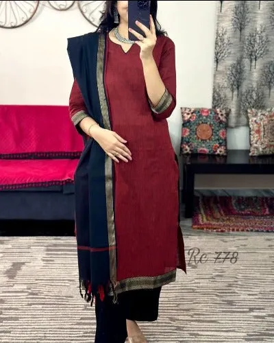 Brick Red & Black South Cotton Handloom Salwar Suit Set