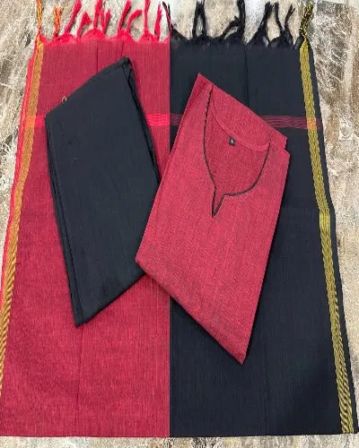 Brick Red & Black South Cotton Handloom Salwar Suit Set