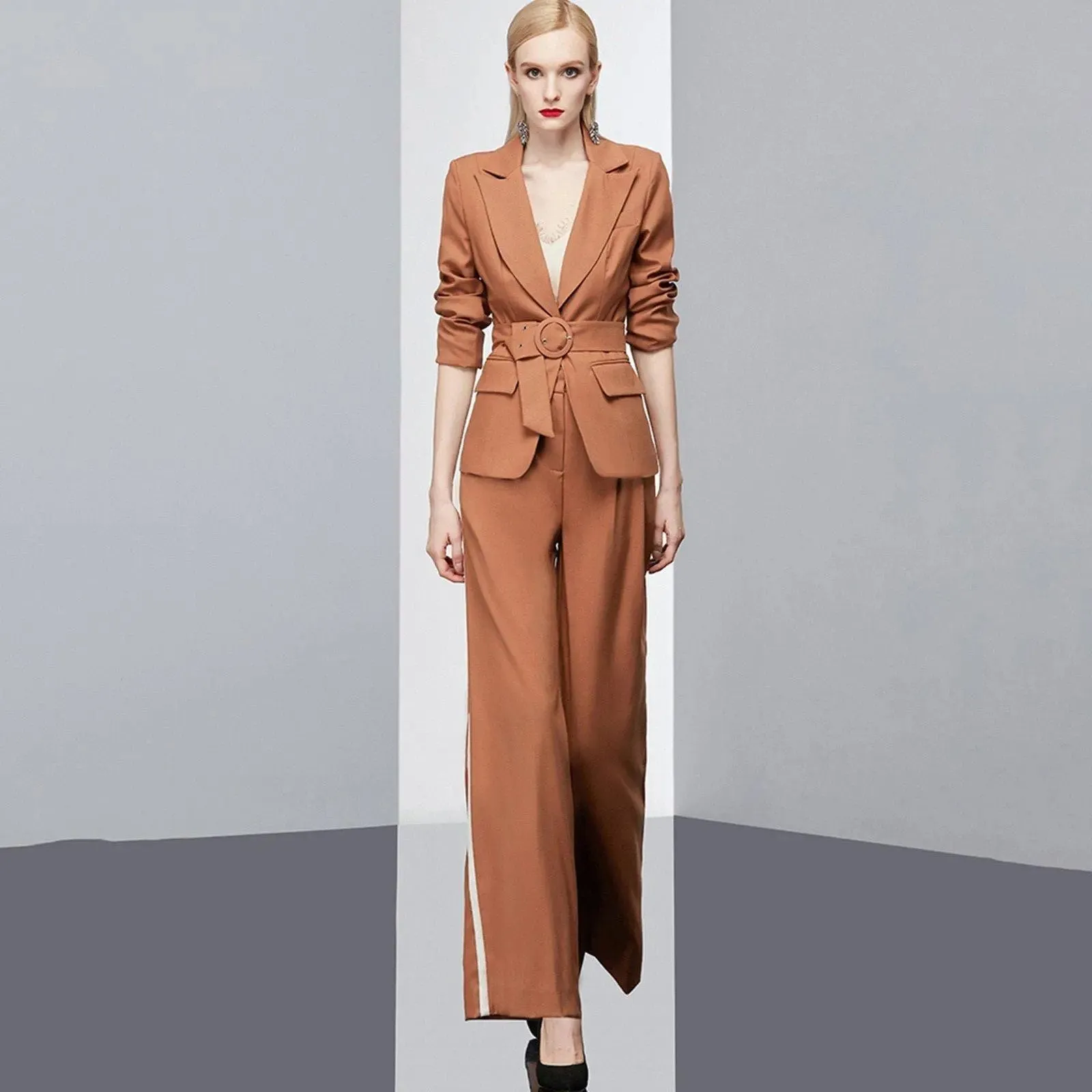 Cassandra Belted Blazer & Striped Wide Leg Pant Suit