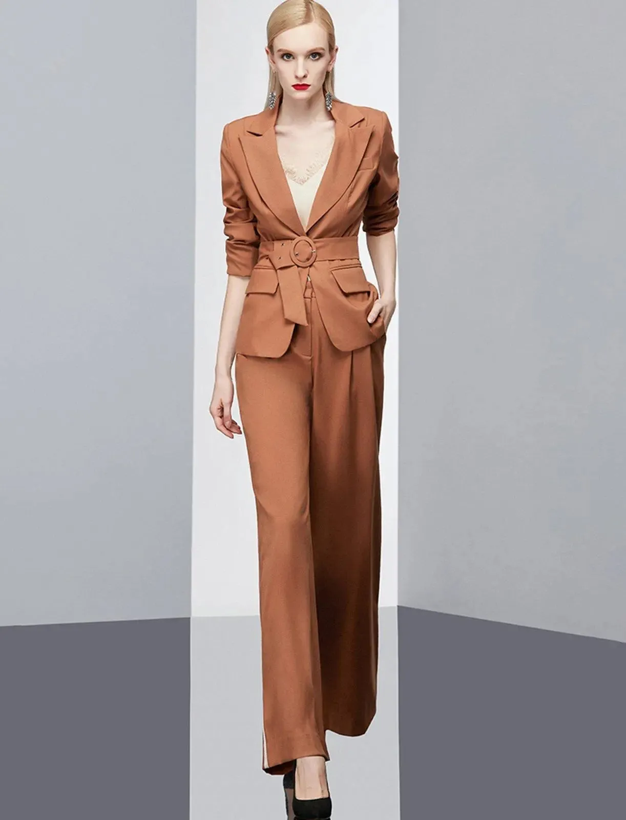 Cassandra Belted Blazer & Striped Wide Leg Pant Suit