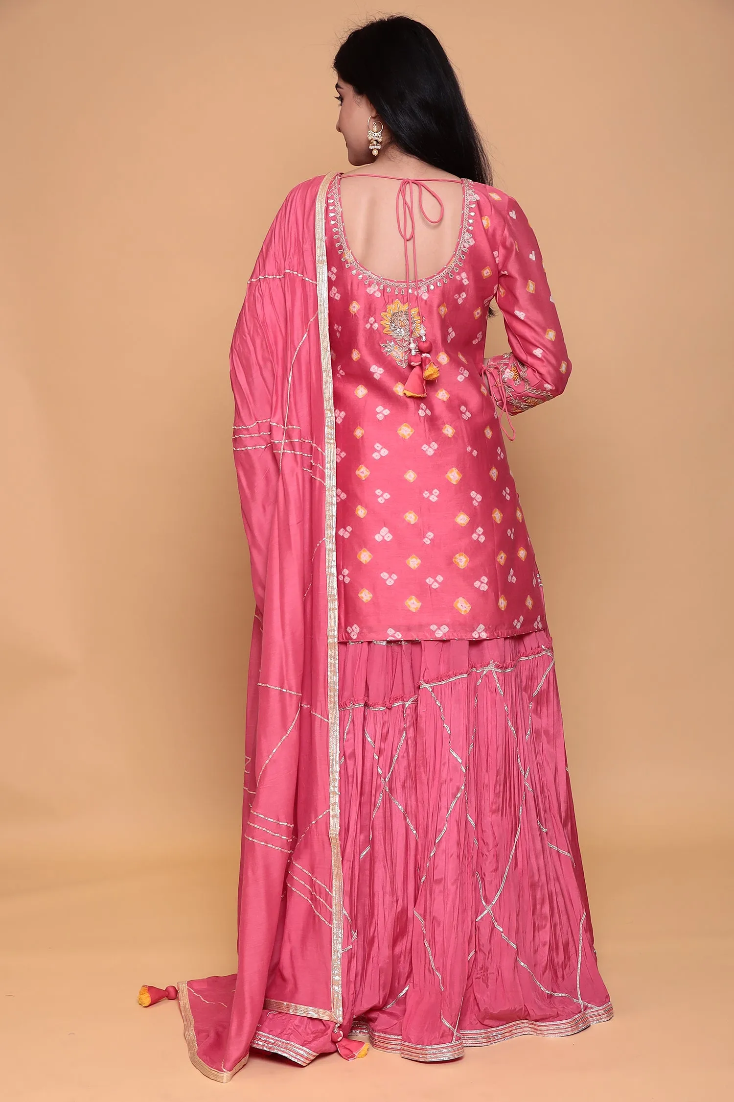 Chanderi Bandhej Suit with Zardozi and Thread work.