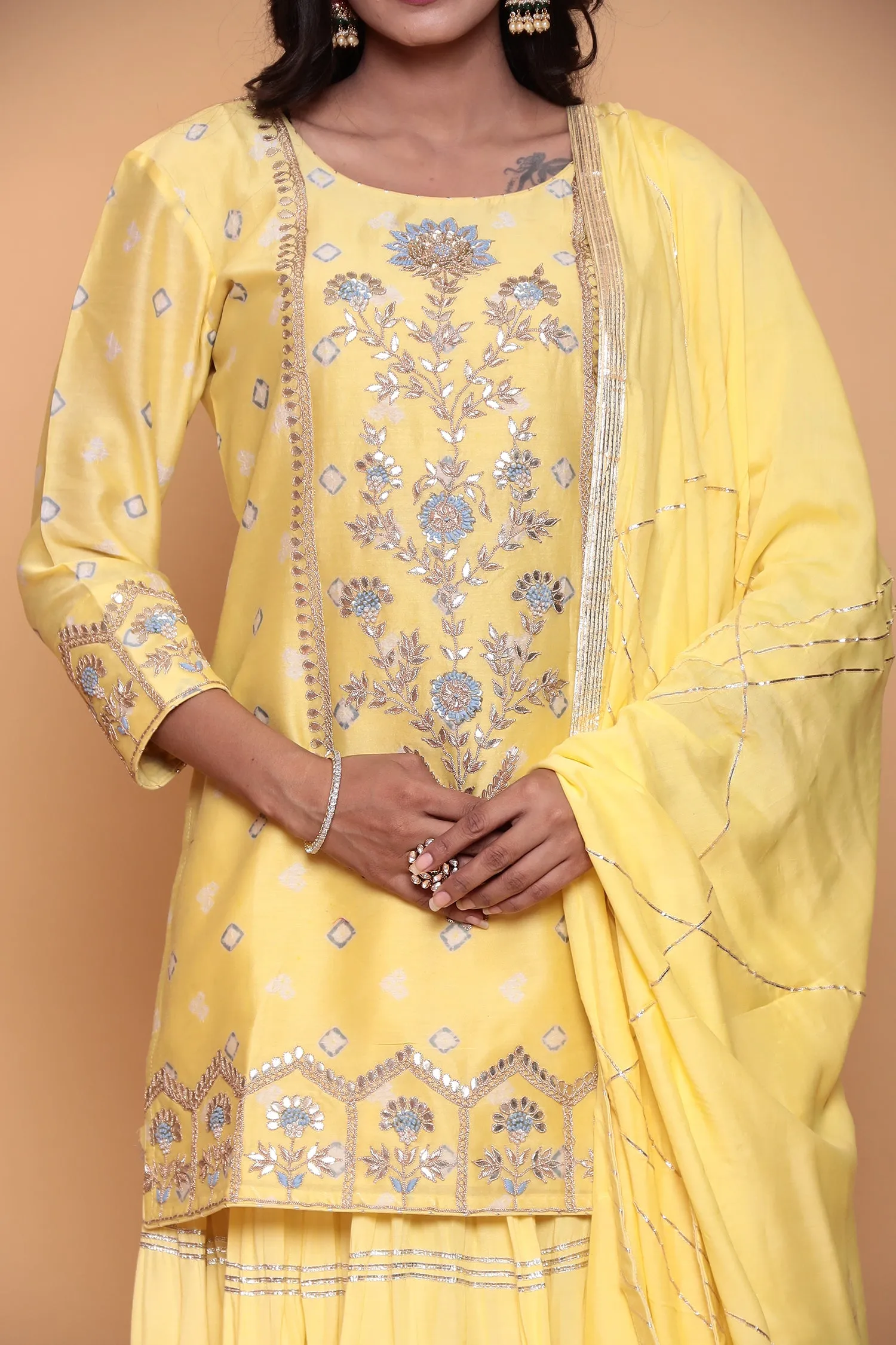 Chanderi Bandhej Suit with Zardozi and Thread work.