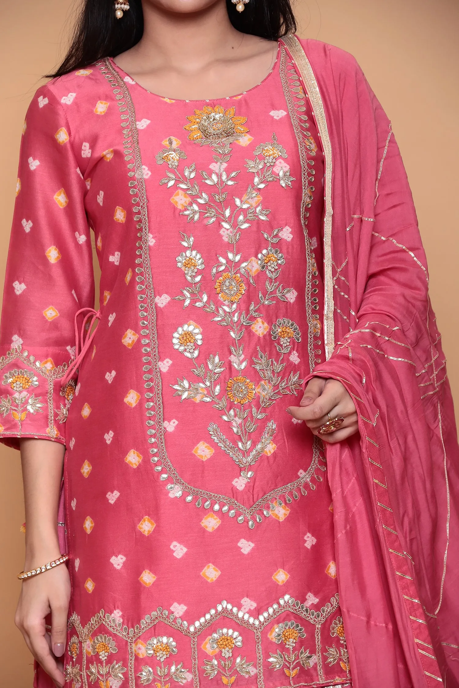 Chanderi Bandhej Suit with Zardozi and Thread work.