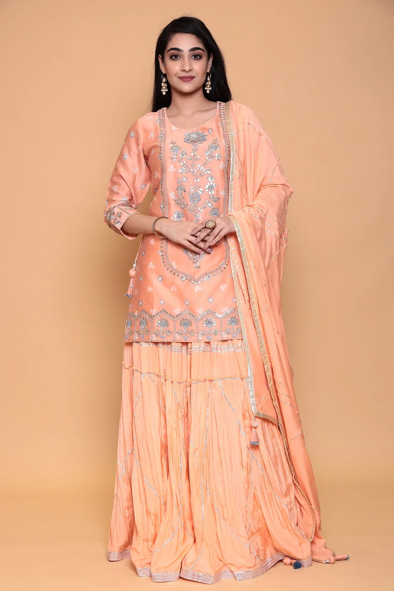 Chanderi Bandhej Suit with Zardozi and Thread work.