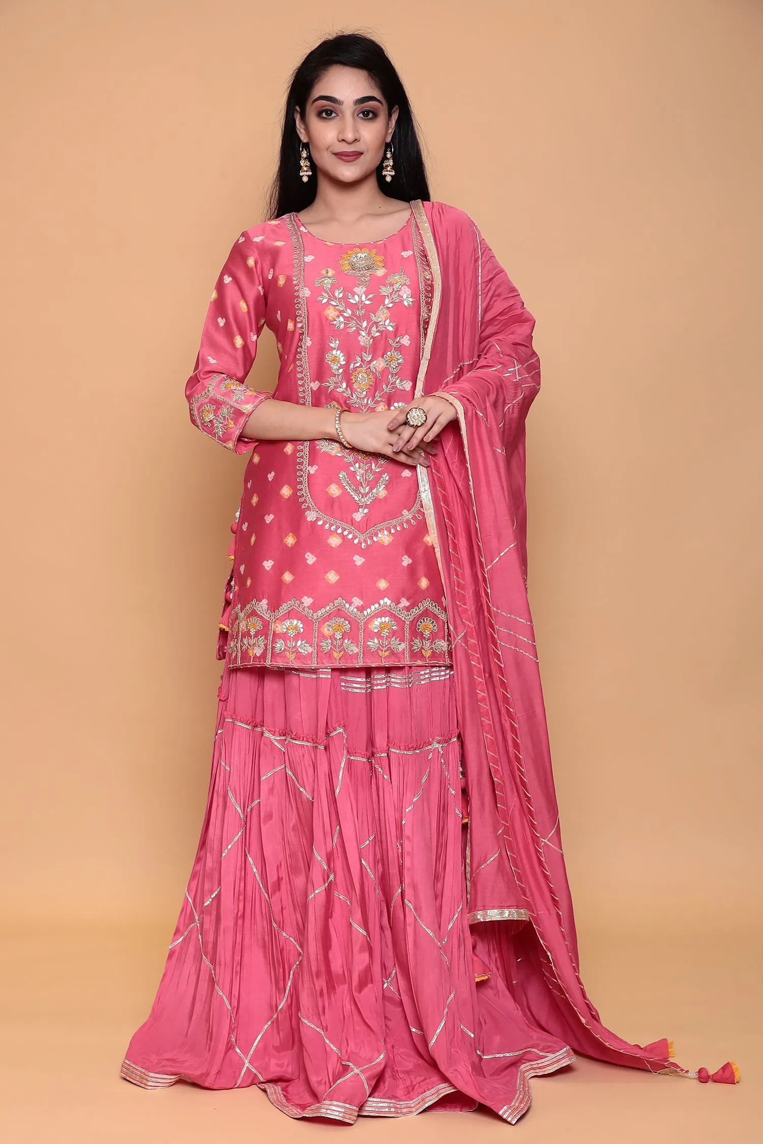 Chanderi Bandhej Suit with Zardozi and Thread work.