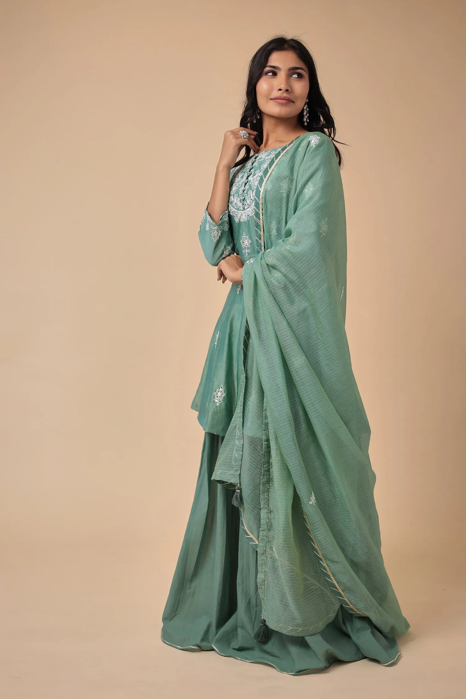 Chanderi Silk Peplum Suit with Embroidered work