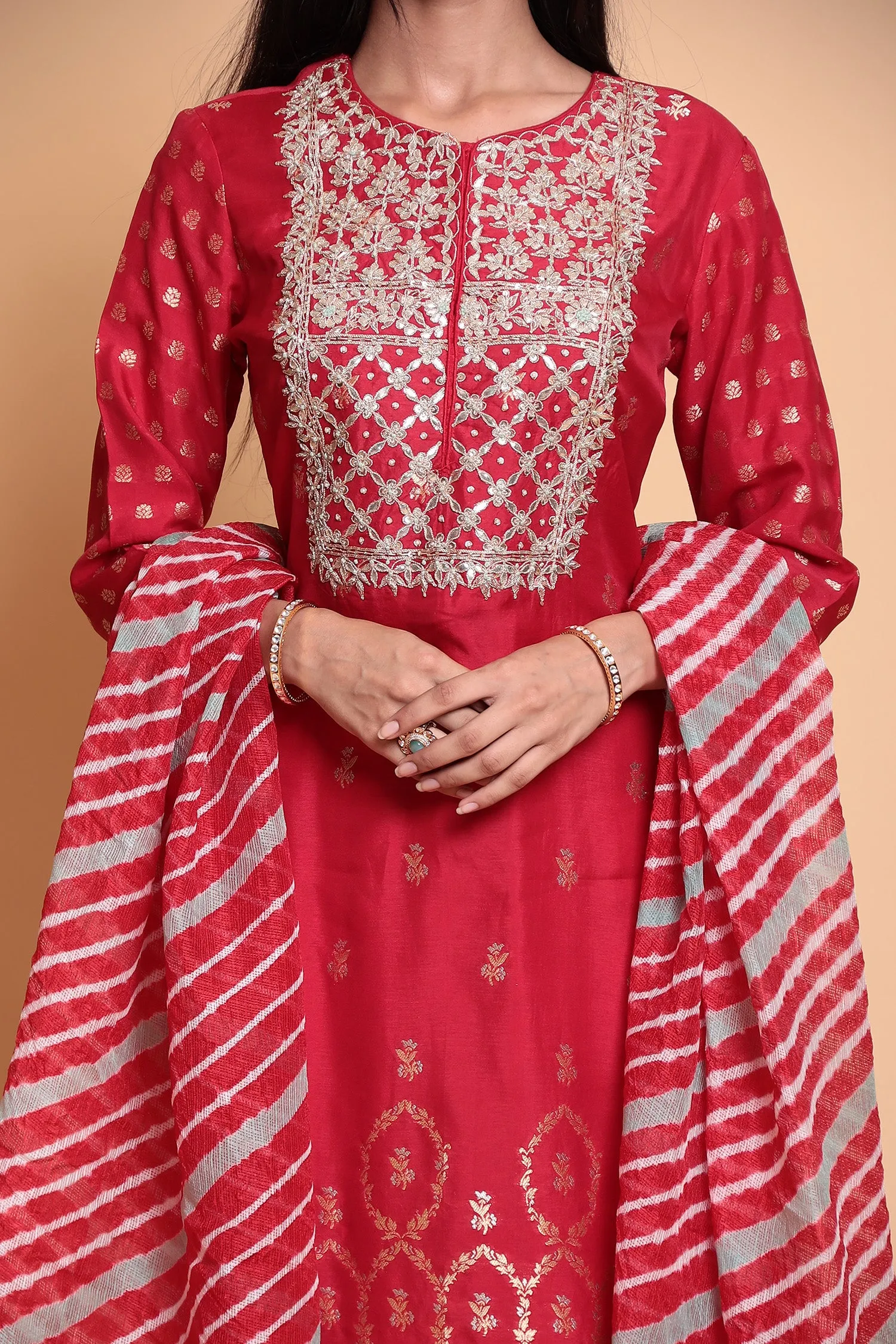 Chanderi silk Suit Stitched with Gota Patti work.