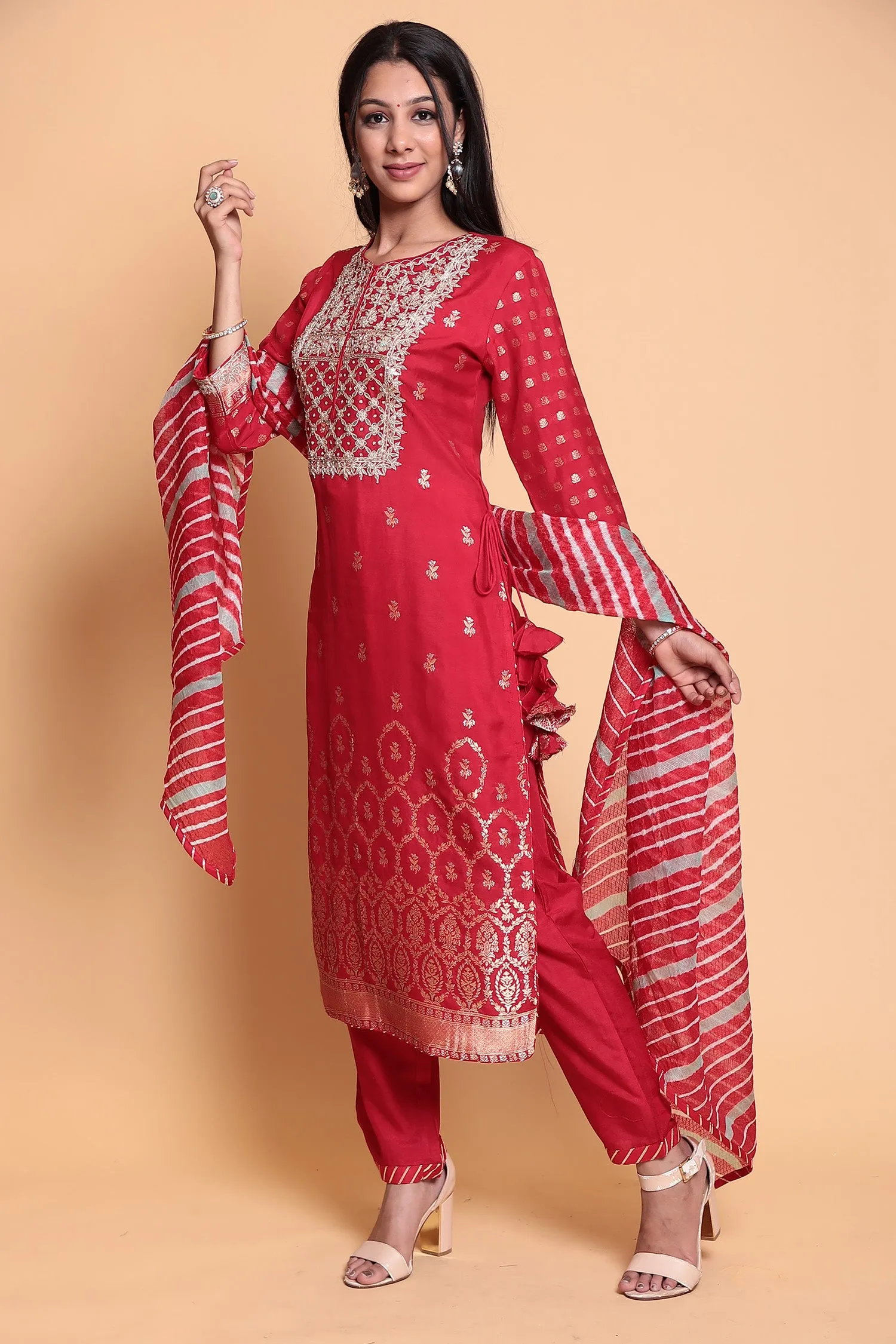 Chanderi silk Suit Stitched with Gota Patti work.