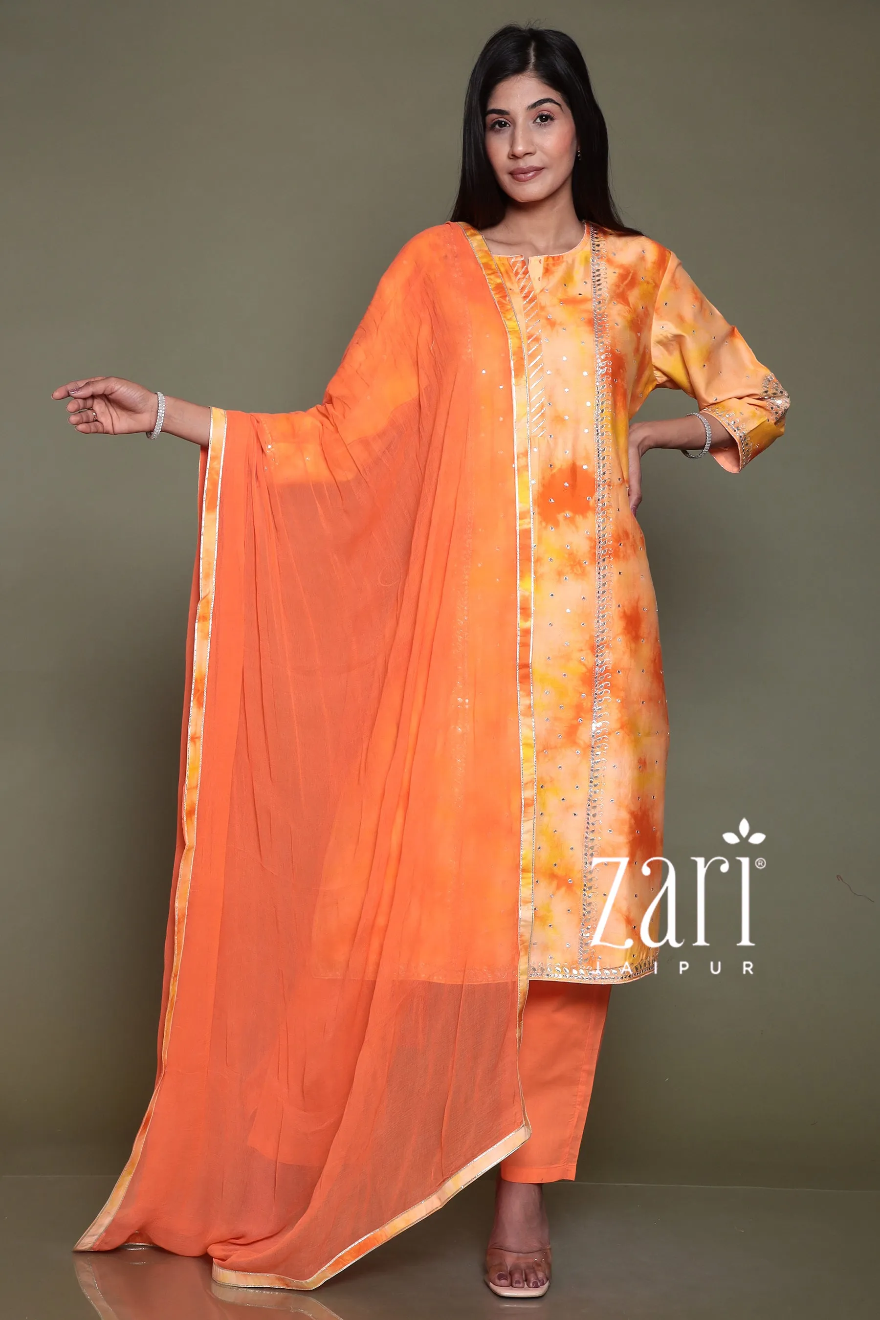 Chanderi silk  Suit with Aari, Gota Patti, Mirror, Tie & Dye work.