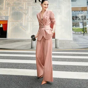 Coral Pink Belted Blazer & Wide Leg Trousers Pantsuit