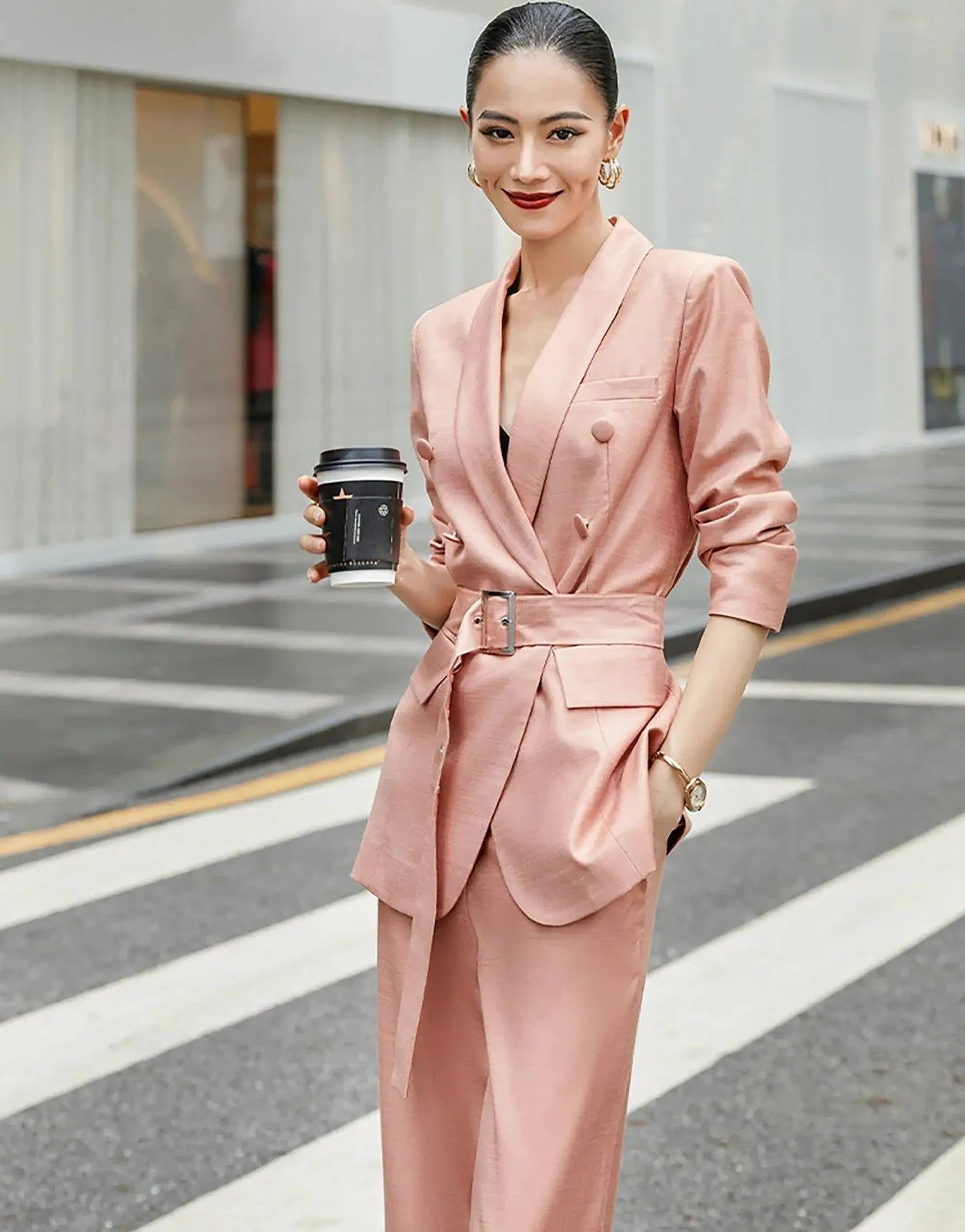 Coral Pink Belted Blazer & Wide Leg Trousers Pantsuit