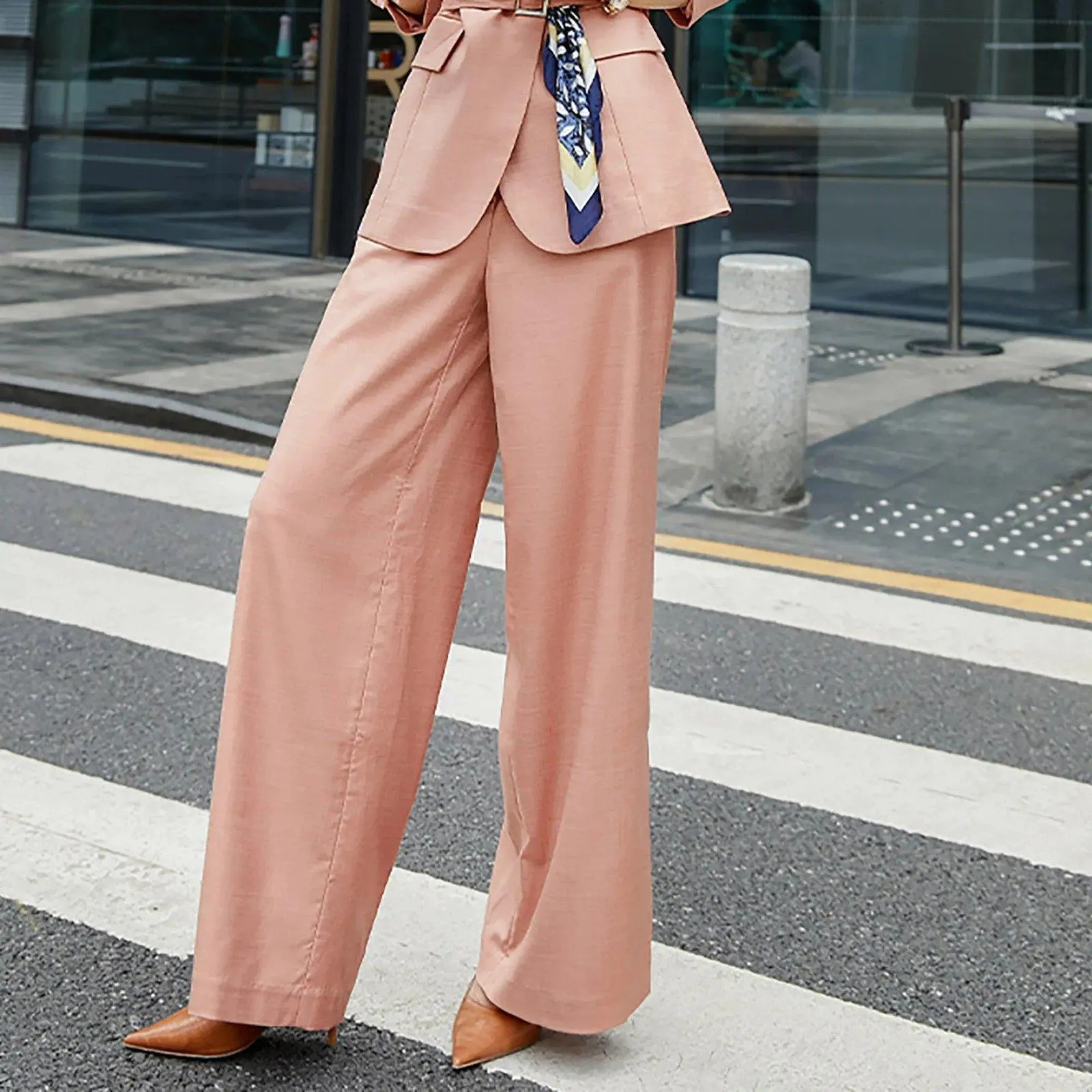 Coral Pink Belted Blazer & Wide Leg Trousers Pantsuit