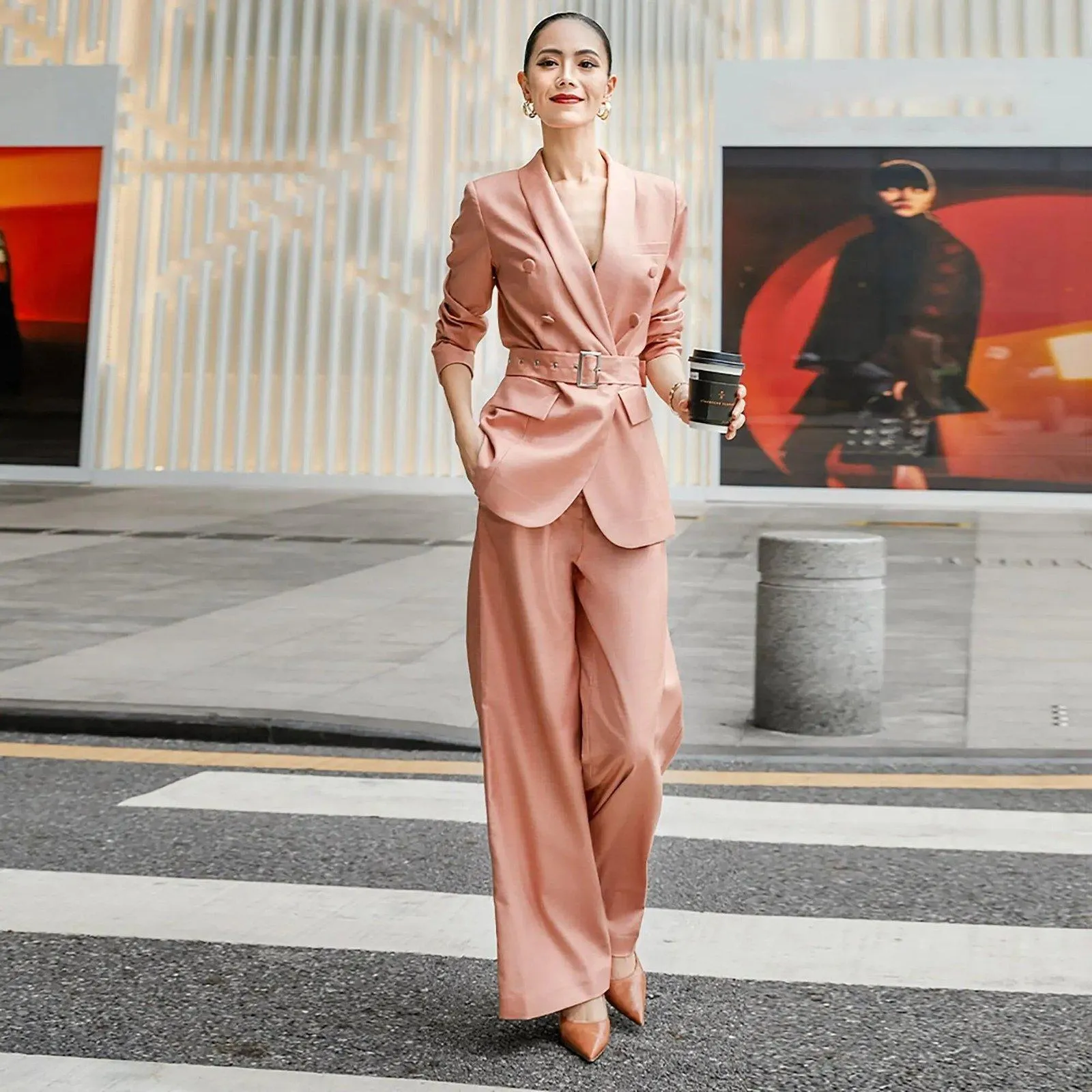 Coral Pink Belted Blazer & Wide Leg Trousers Pantsuit