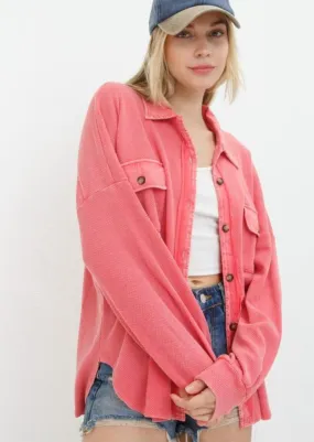 Coral Textured Knit Shirt Jackets