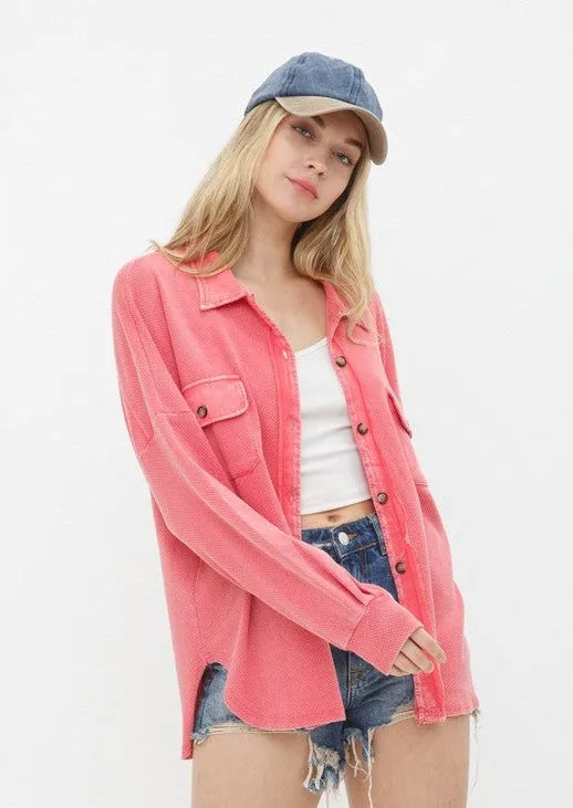 Coral Textured Knit Shirt Jackets