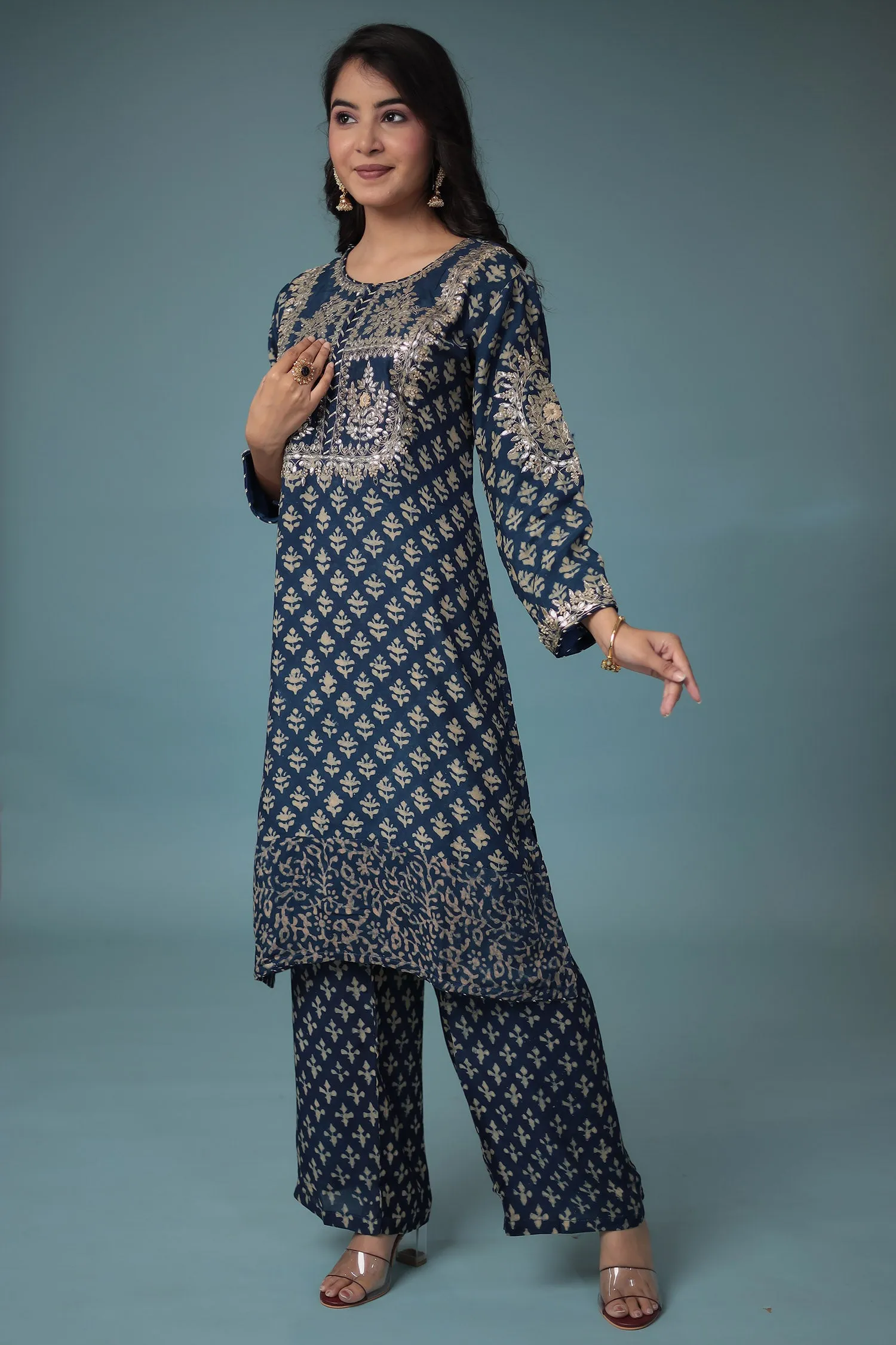 Cotton Silk Dabu Print Suit with Hand Aari work.