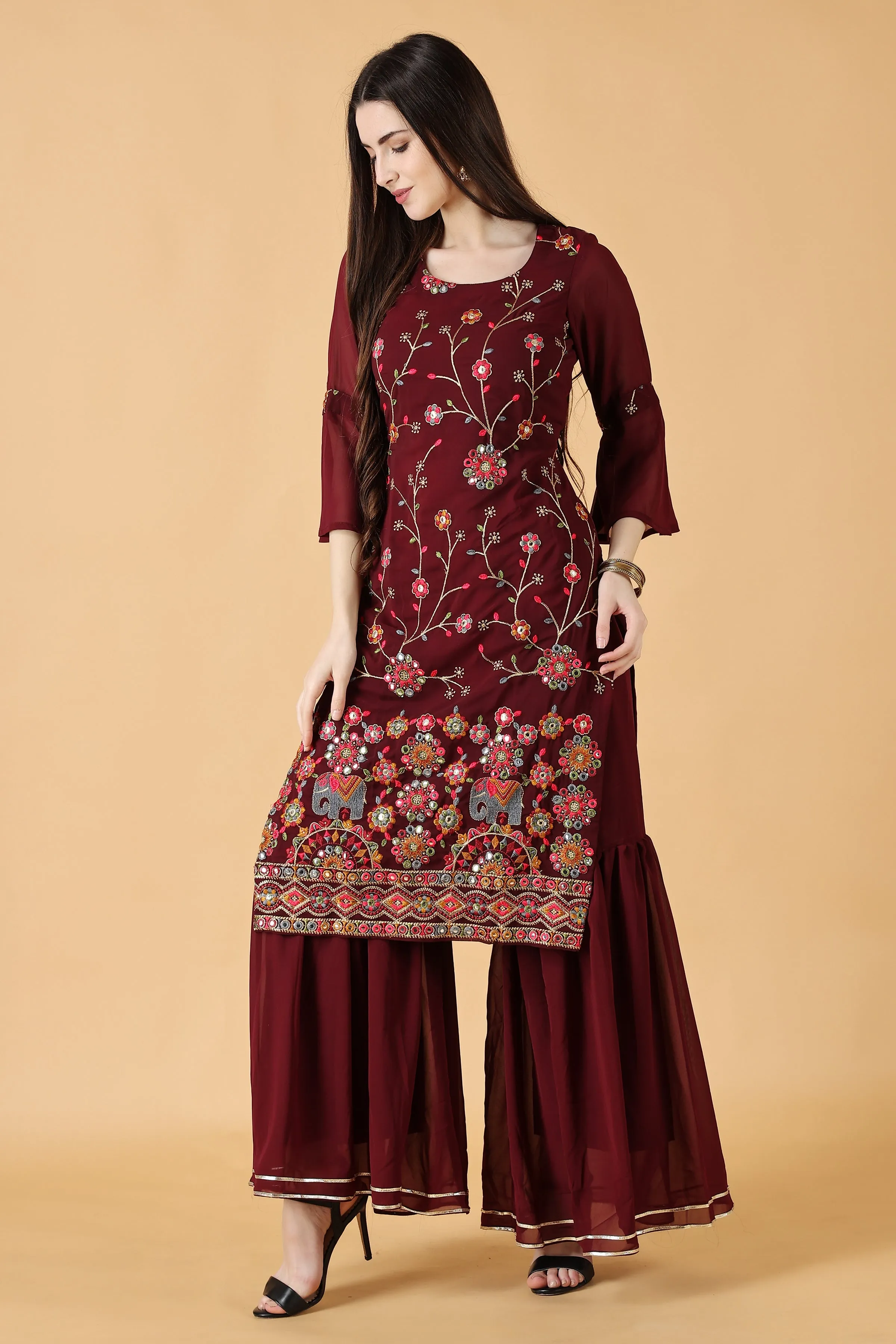 Crimson Mirror Work Sharara Suit