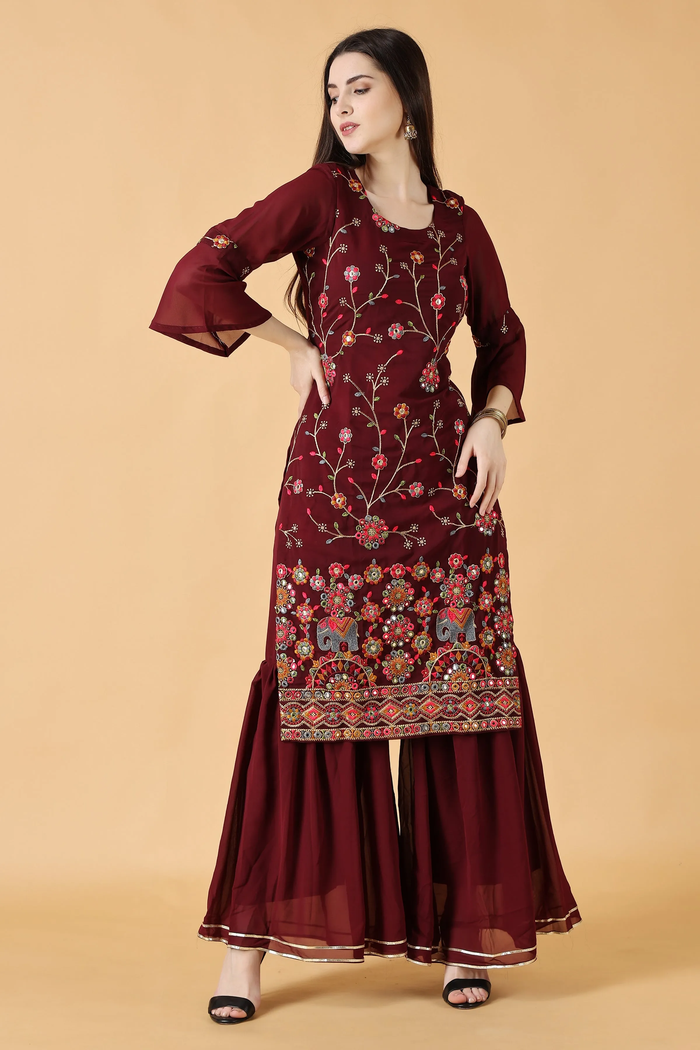 Crimson Mirror Work Sharara Suit