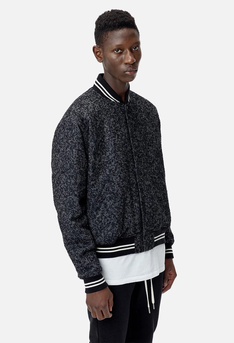 Cropped Baseball Jacket / Charcoal Tweed