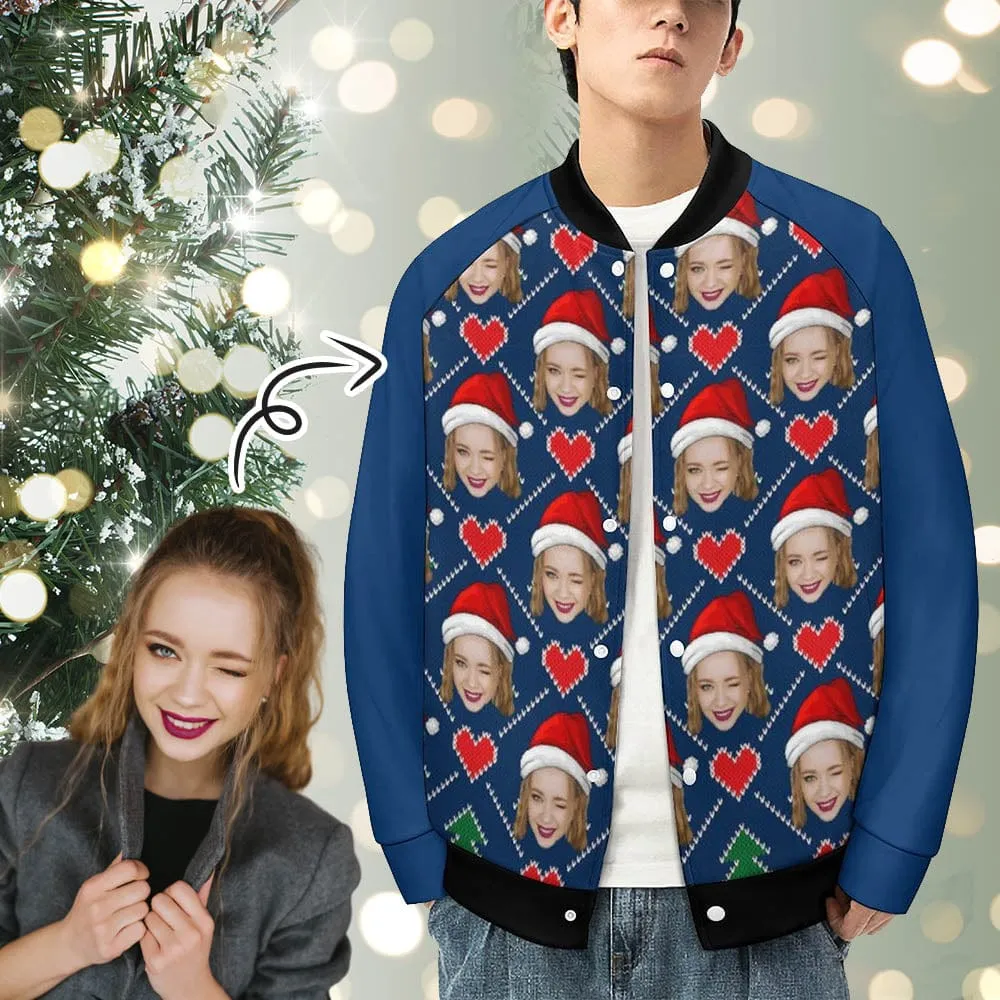 Custom Face Red Heart Hat Christmas Men's Bomber Jacket Outerwear