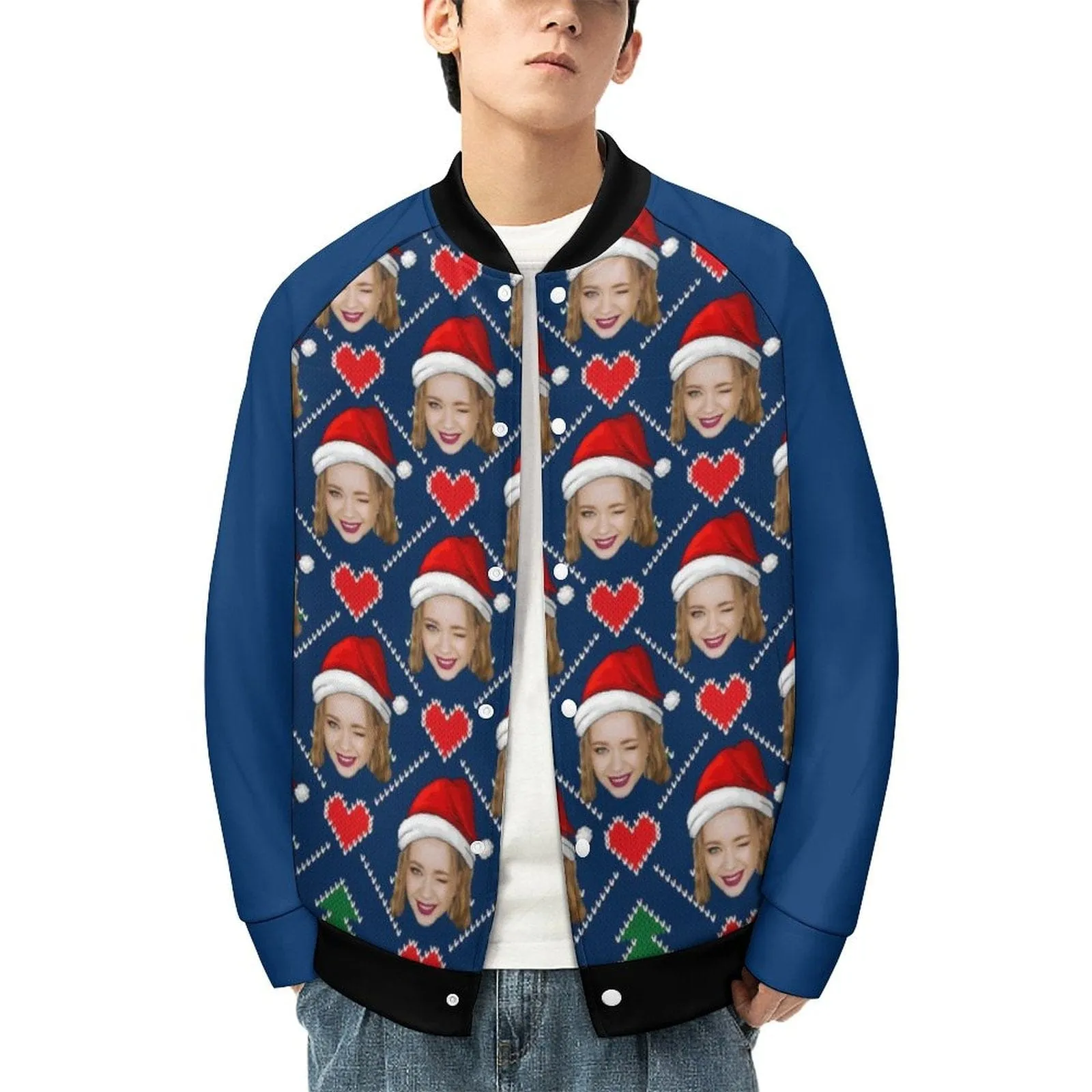 Custom Face Red Heart Hat Christmas Men's Bomber Jacket Outerwear