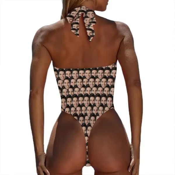 Custom Face Seamless Boyfriend Face Women's Halter High Cut One-Piece Swimsuit Custom Face Bathing Suit