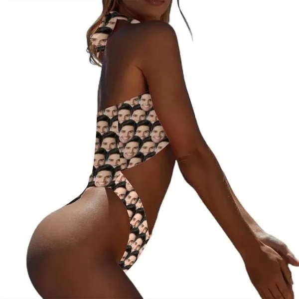 Custom Face Seamless Boyfriend Face Women's Halter High Cut One-Piece Swimsuit Custom Face Bathing Suit