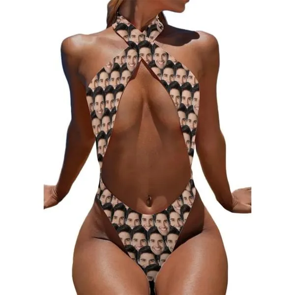 Custom Face Seamless Boyfriend Face Women's Halter High Cut One-Piece Swimsuit Custom Face Bathing Suit