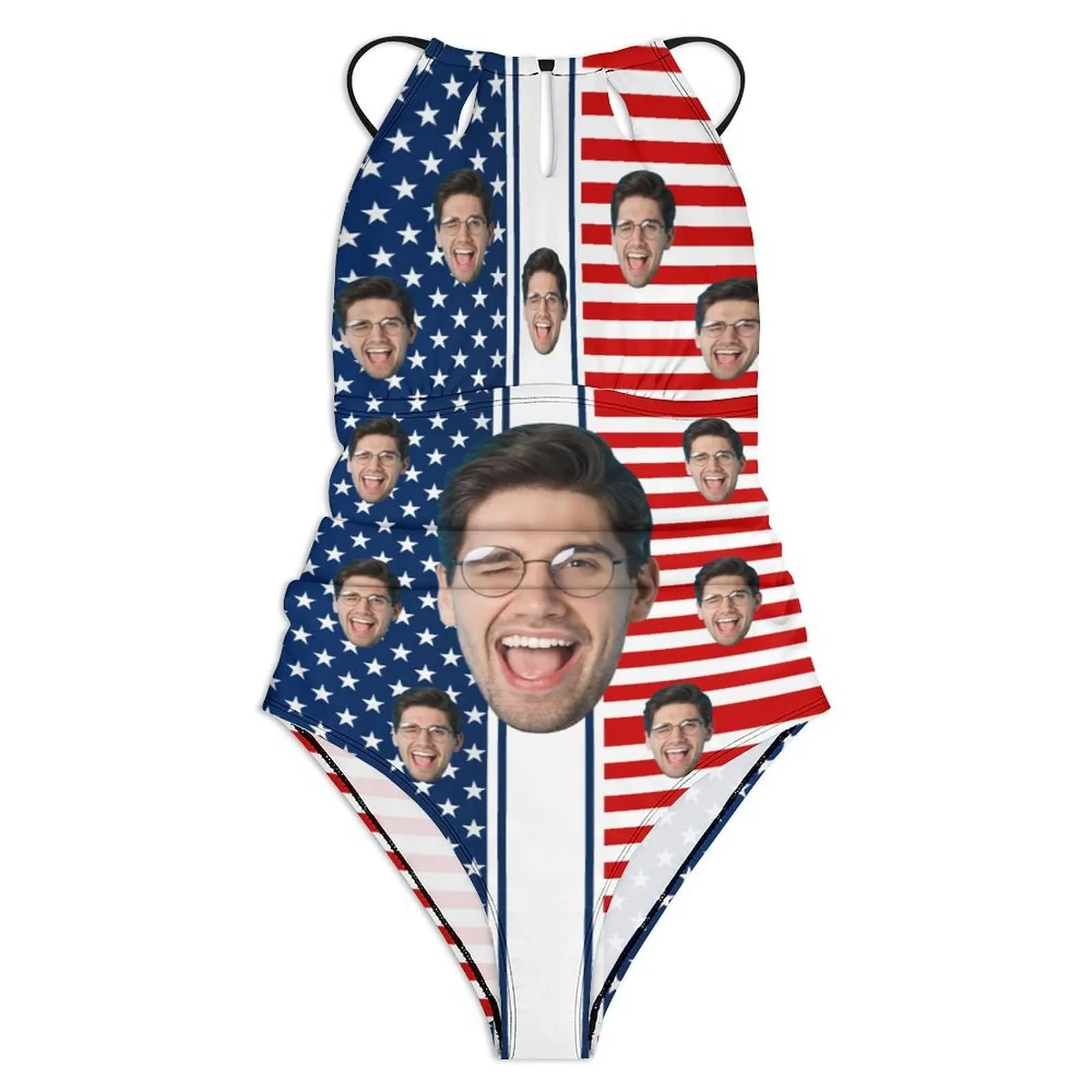 Custom Face USA Flag Swimsuit Personalized Women's One Piece Backless Tie Swimsuit Face Bathing Suit