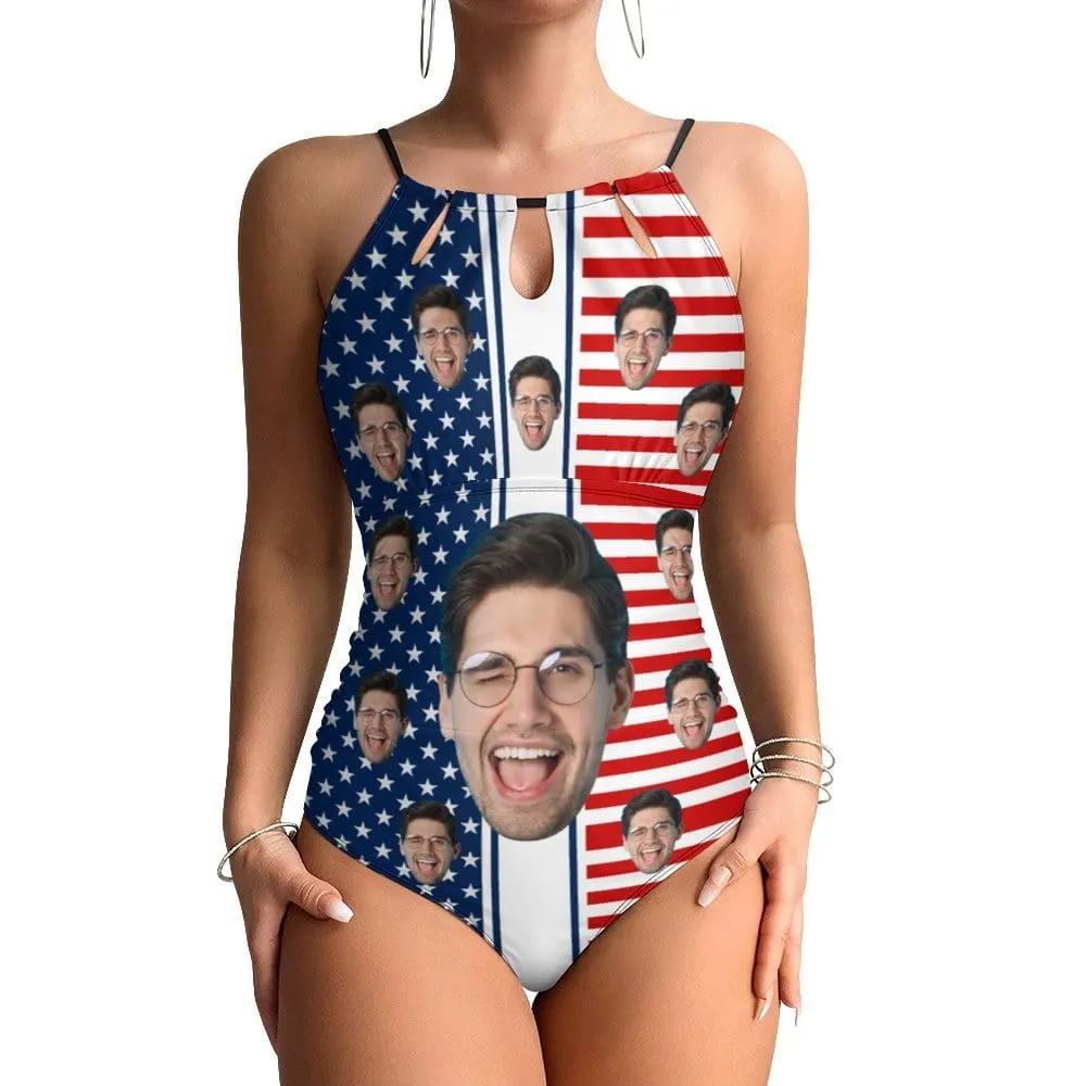 Custom Face USA Flag Swimsuit Personalized Women's One Piece Backless Tie Swimsuit Face Bathing Suit