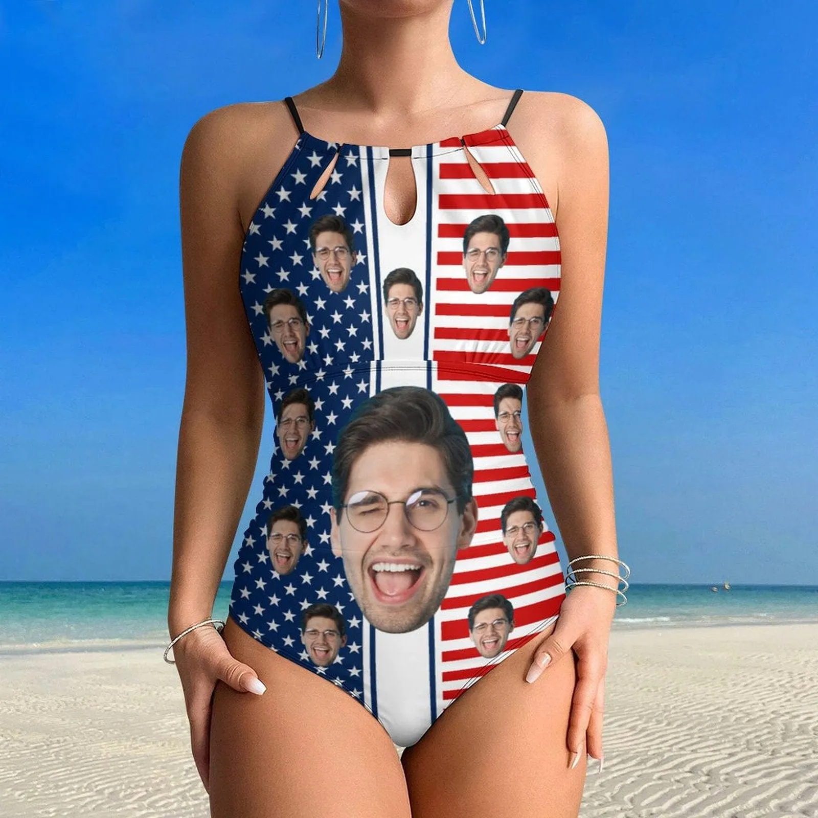 Custom Face USA Flag Swimsuit Personalized Women's One Piece Backless Tie Swimsuit Face Bathing Suit