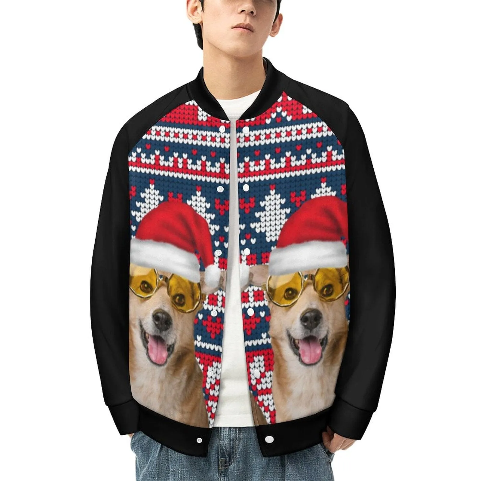 Custom Pet Face Red Hat Christmas Men's Bomber Jacket Outerwear