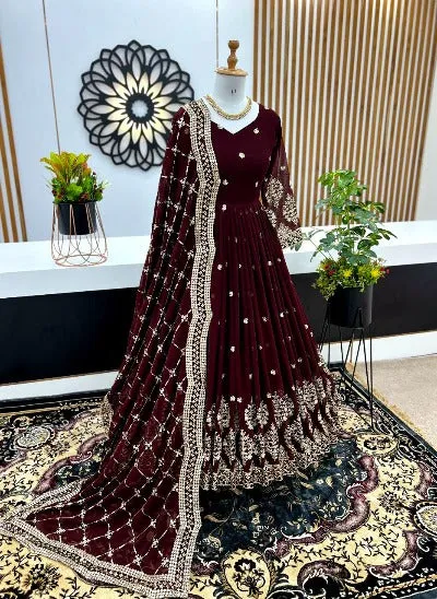 Dark Maroon Heavy Work Georgette Designer Anarkali Gown With Dupatta Set Of 2