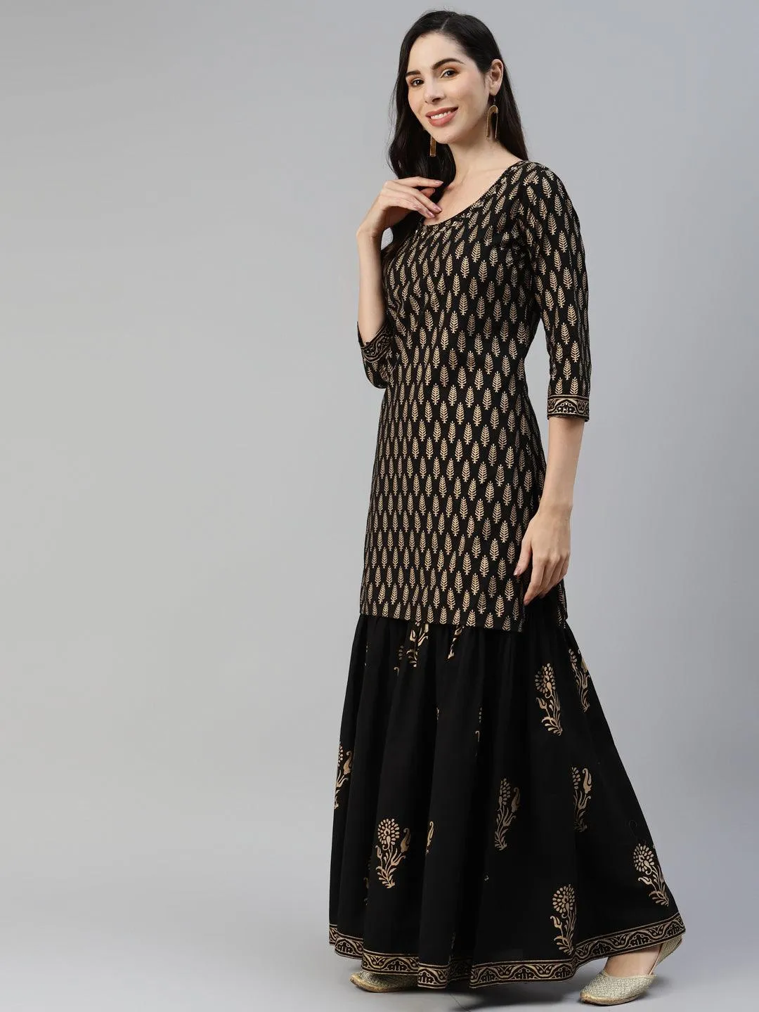 Divena Black Gold Printed Cotton Kurta Sharara Set with Dupatta