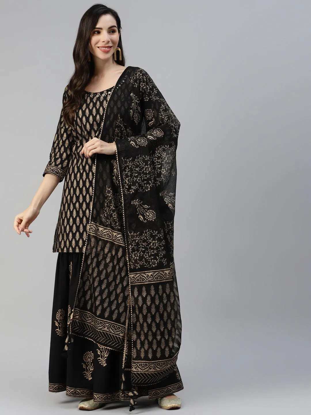 Divena Black Gold Printed Cotton Kurta Sharara Set with Dupatta