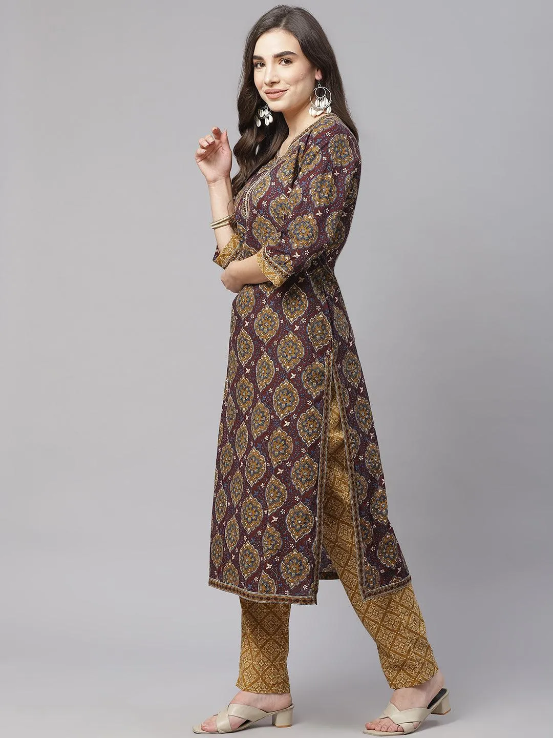 Divena  Brown Cotton Straight Kurta Pant Set With Dupatta