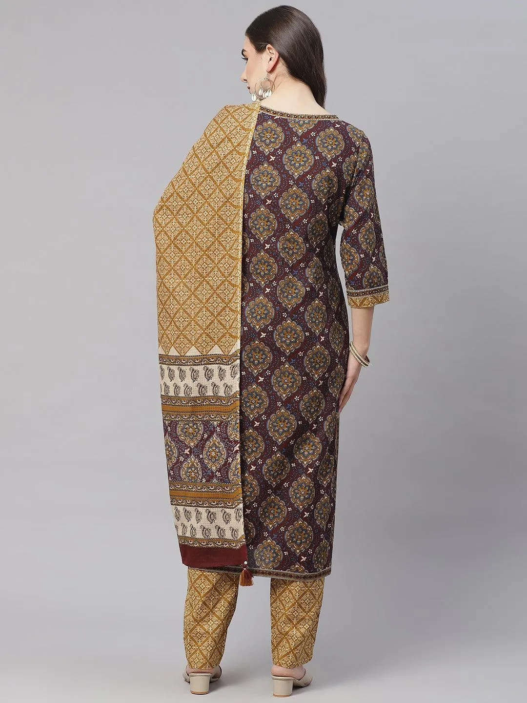 Divena  Brown Cotton Straight Kurta Pant Set With Dupatta