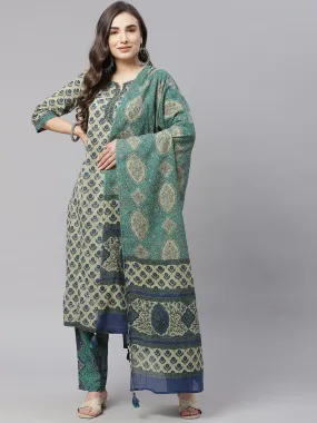 Divena  Green Cotton Straight Kurta Pant Set With Dupatta